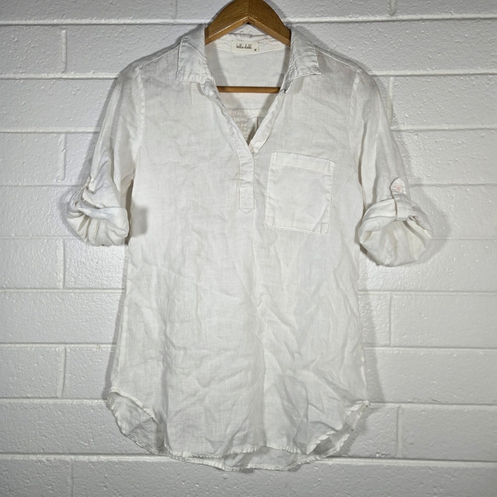 Bella‎ Dahl White Linen Henley Shirt Popover Medium Minimalist Roll Tab Resort